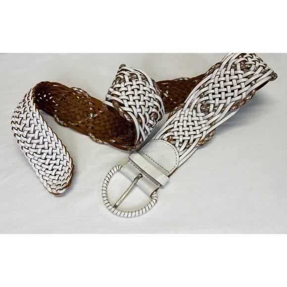 White Brown Woven Braided Leather Belt Linea Pelle Hippie Boho Retro - Picture 1 of 10